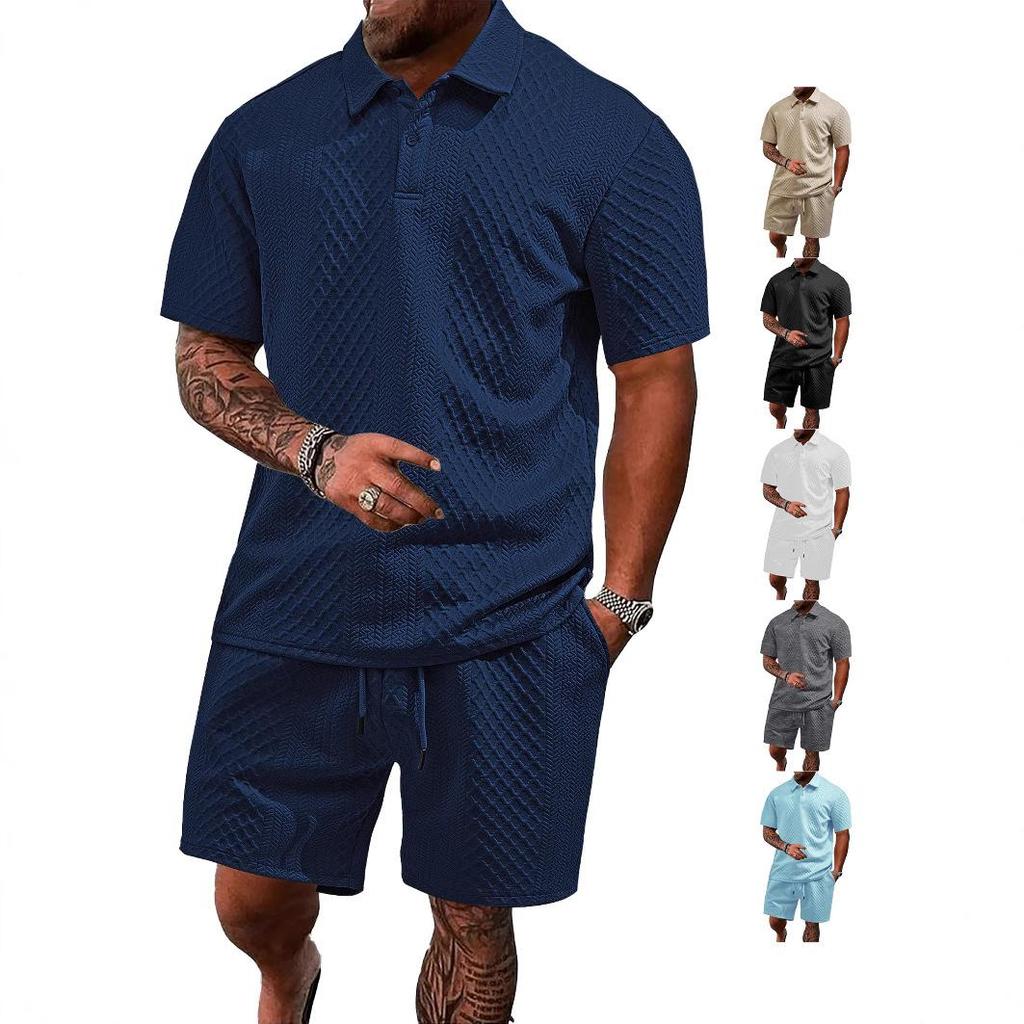 Fashion Summer Men's Casual Trendy Solid Color 2 Piece Set Short Sleeve Turn-down Collar T-shirts Knee Length Short