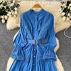 Vestido Chic de Encaje Slim con Cuello Mao de Manga Larga Empalmado de Botonadura Sencilla High Street Vintage Noche Mujer Ropa Otoño Invierno