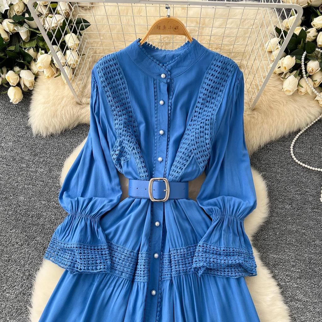 Vestido Chic de Encaje Slim con Cuello Mao de Manga Larga Empalmado de Botonadura Sencilla High Street Vintage Noche Mujer Ropa Otoño Invierno