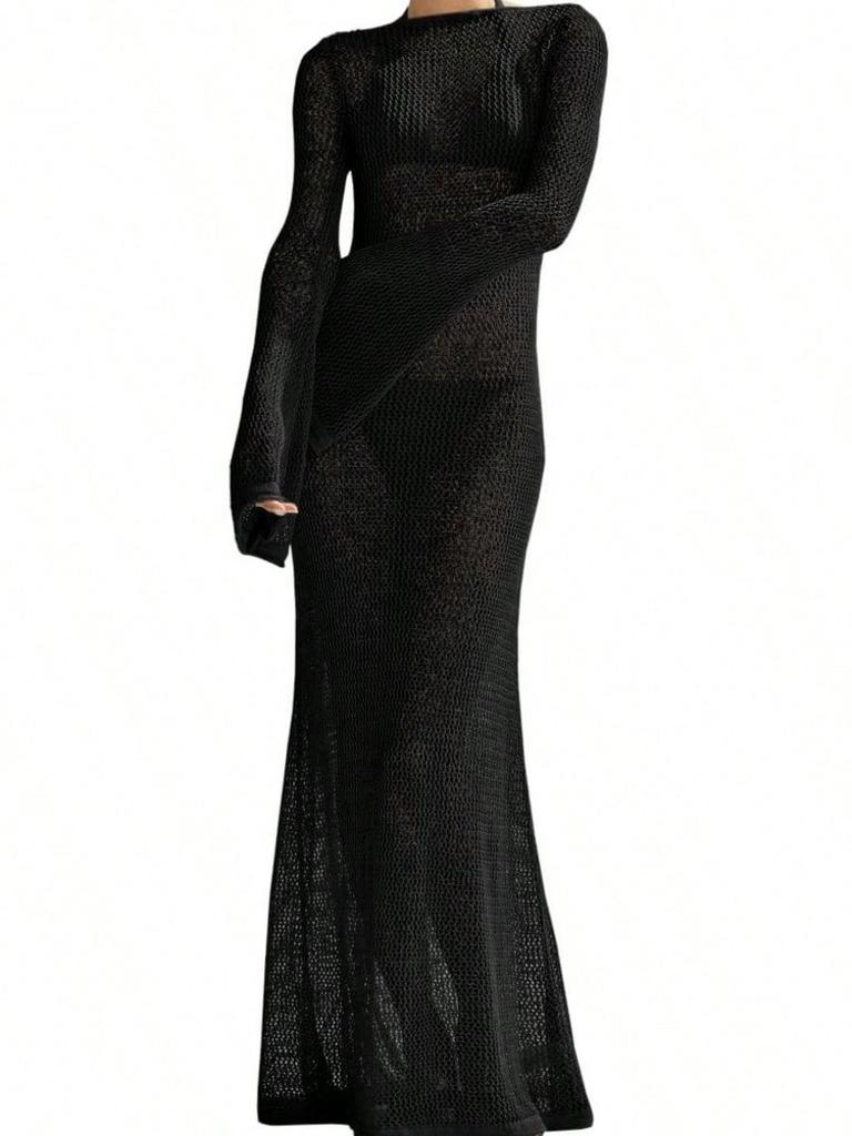 Women's Crochet Long Sleeve Backless Mesh Knit Swimsuit Cover Up Beach Maxi Dress