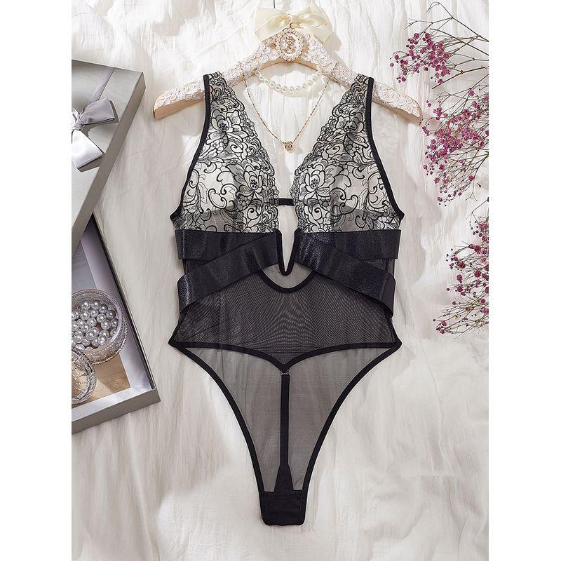 

Transition Sexy European and American See-through Embroidery Splicing Low Cut Backless Bodysuit Crotch Patch Word High Waist Slim Looking Jumpsuit Black skin color S