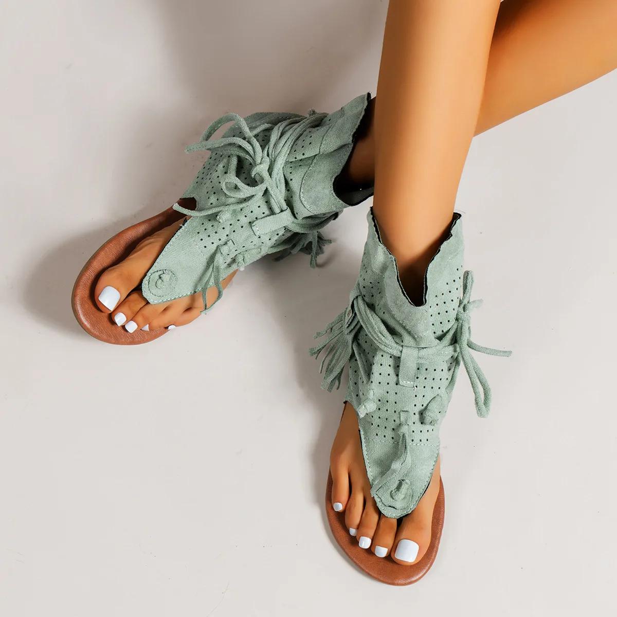 

Большие размеры крутые ботинки 2024 года продажа ретро удобные плоские женские сандалии с бахромой ажурные сандалии женские 43 светло-зеленый