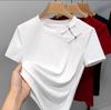 2025 Women's Stylish Short Sleeve T-shirt - Chinese National Style with Frog Buttons, Hollow Out, and Round Neck Design