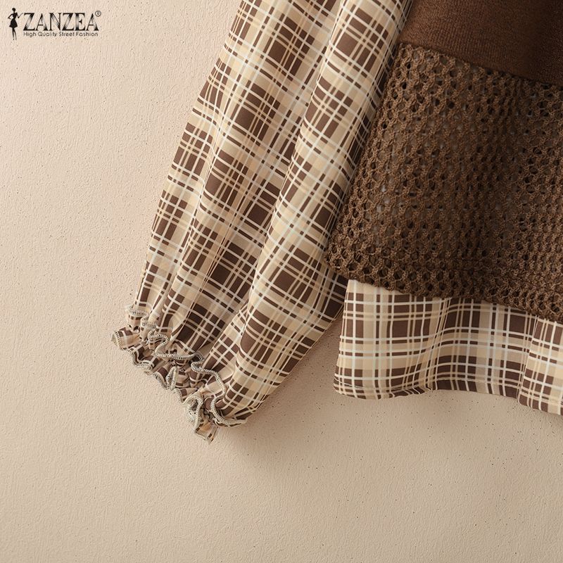 ZANZEA Damen Karo Druck Lässige Rundhals Langarm Bluse