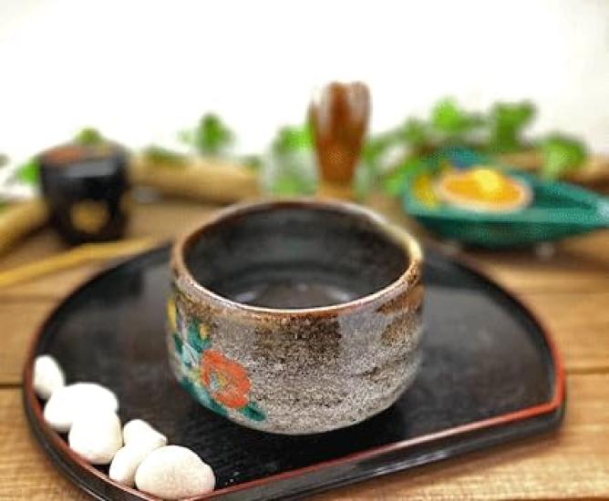 Hyakukaen Kutani Matcha Bowl with Camellia and Ceramic Birds,