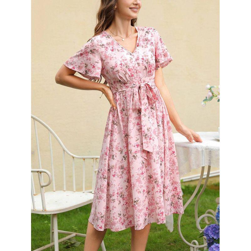 

Sweet Summer New Fashion Fashion V Neck Small Floral Tight Waist Shoelace Ruffle Sleeve Short Sleeve Mid Length Long Length Dress Pink(Figure) XL