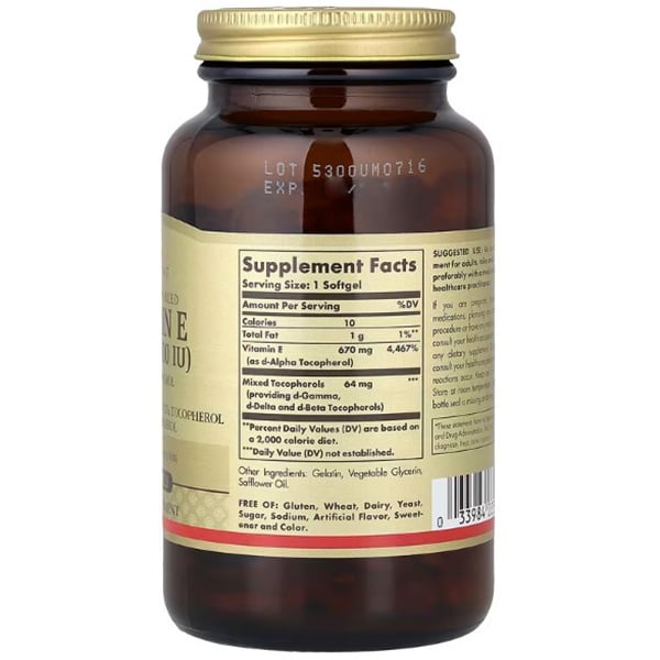 Vitamina E, Mistura de tocoferóis, Vitamina E 1000, Solgar 100 cápsulas gelatinosas (36313221)