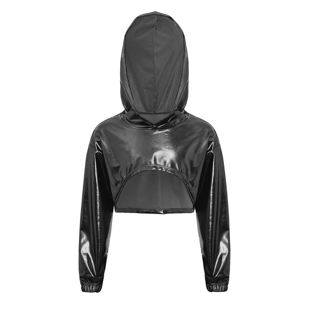 Costume de Performance de Danse Hip Hop Jazz pour Filles Ourlet Asymétrique Sweat à Capuche Métallique Haut Court à Manches Longues