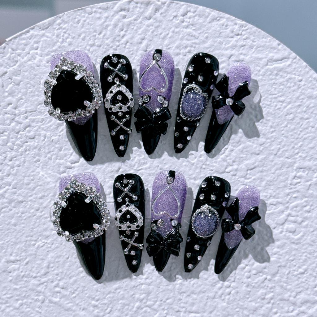 Long Stiletto Press On Fake Nails Blue Heart Diamond Bow Decoration False Nail Fashion Artificial Nail Handmade Acrylic Nail