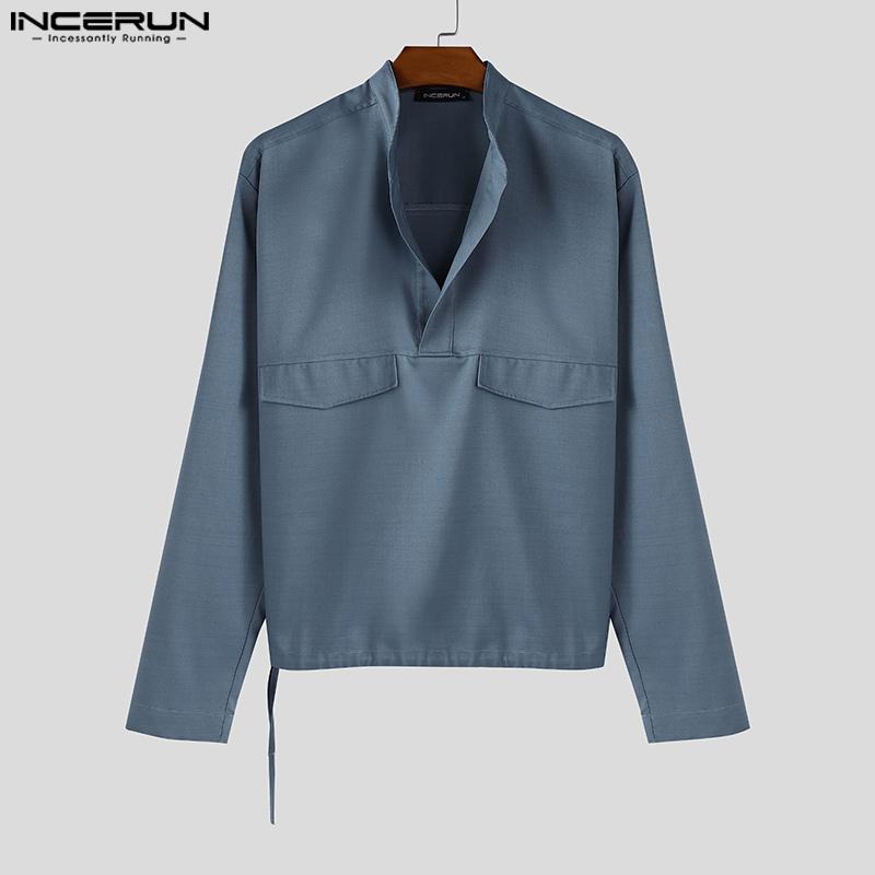 INCERUN Men Stand Neck Long Sleeve Solid Color Casual Loose Shirts Tops