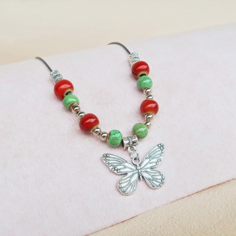 Color Beads Pendant Necklace Sweet Butterflies Clavicle Chain Female Summer Adjustable Rope Necklace Sweater Chain