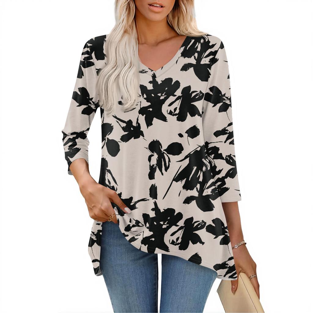 Dámské topy s výstřihem do V a 3/4 rukávem, ležérní košile střední délky, módní tuniky s potiskem