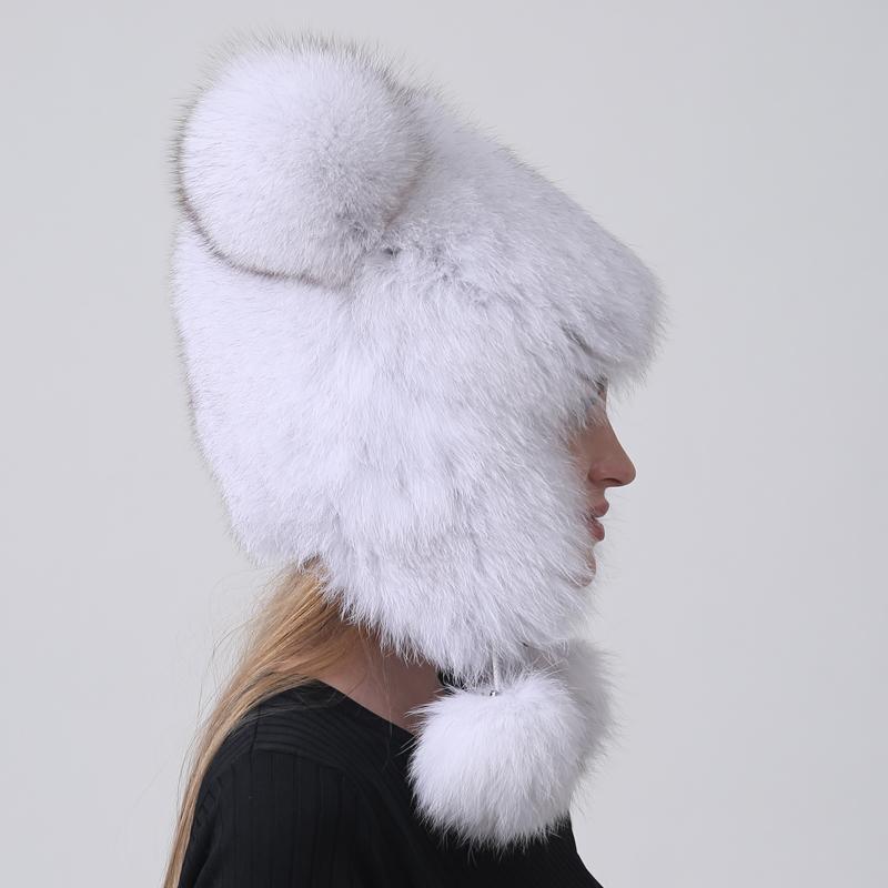 New Women Bomber Ears Hats Pompom Trapper Natural Fox Fur Knitted Earflap Russian Caps Outdoor Snow Hat