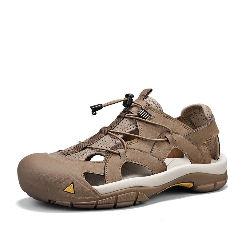 Mens Sandals Top Cowhide Upper Hollow Out Round Toe Outdoor Beach Walking Non Slip Durable Summer Beach Shoes Adjustable Buckle