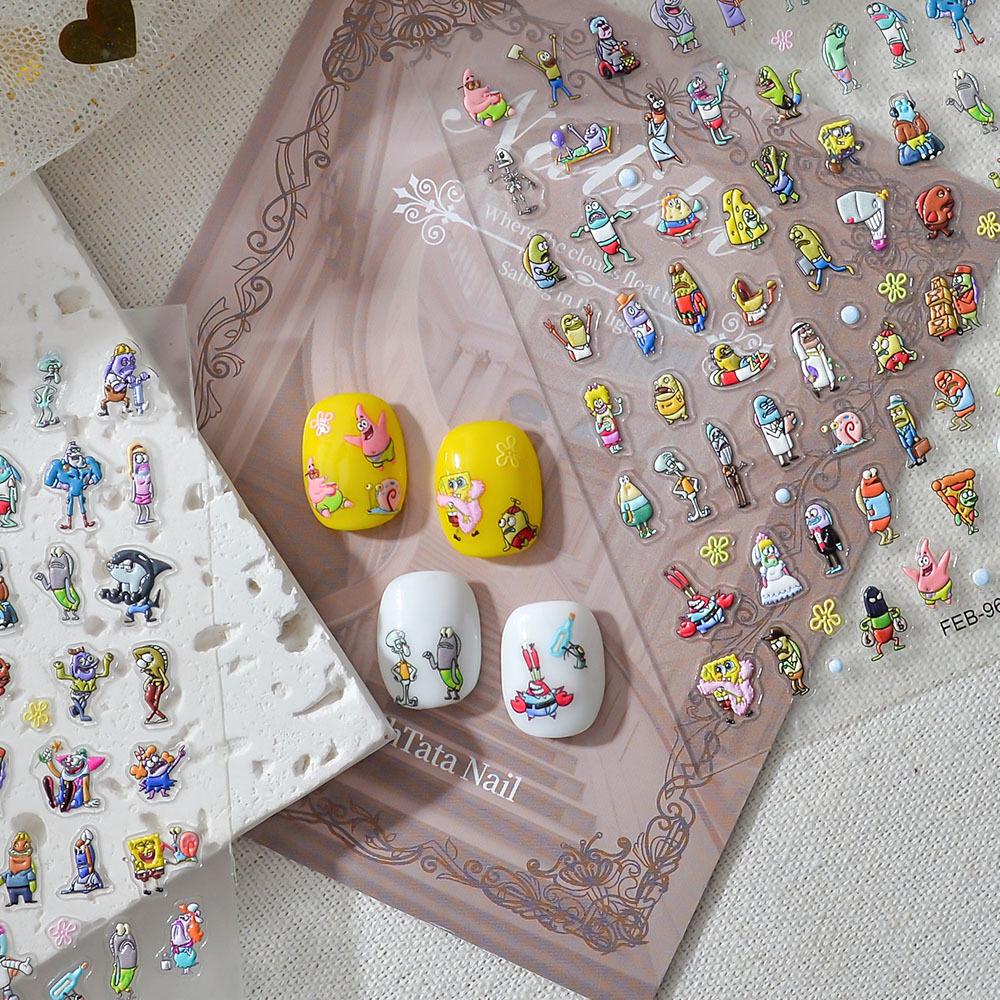 Xiaohongshu Cute SpongeBob & Patrick Star 5D Embossed Nail & Journal Stickers