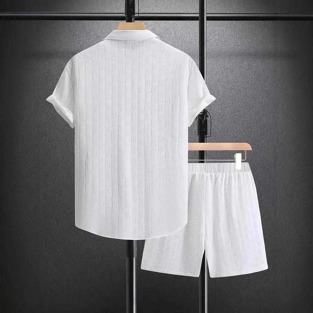2026 European and American Summer Jacquard Solid Color Suit Short-sleeved Men's Vacation Casual Style Shirt and Shorts Two-piece Set