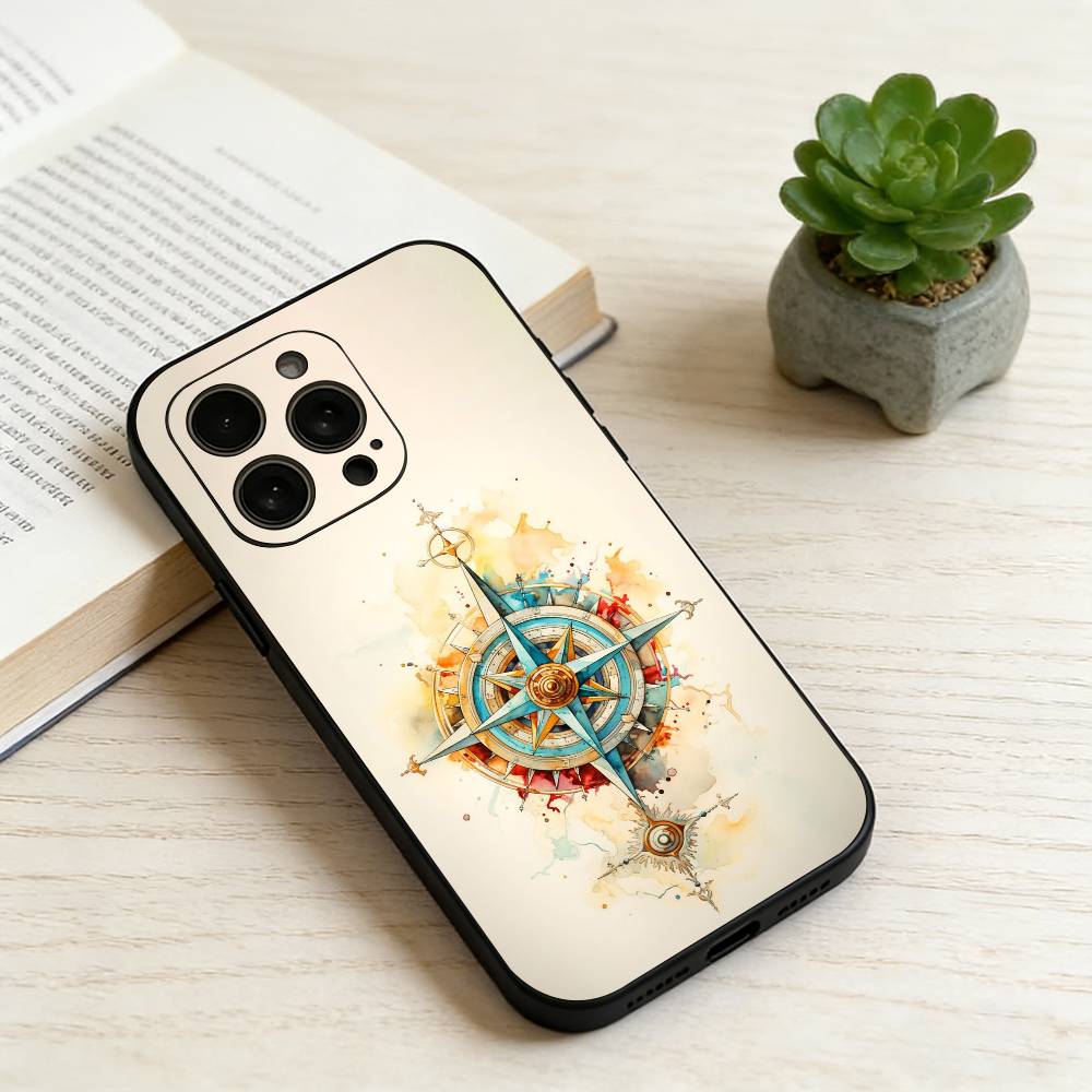 

Vintage Nautical Compass Phone Case For iPhone 17,16,15,14,13,12,11 Plus,Pro Max,XS,Soft Silicone Black Cover iPhone12