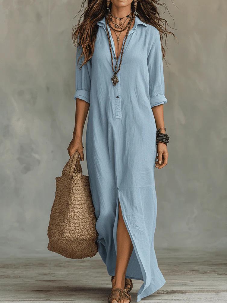 2026 Spring/Summer Casual Solid Color Lapel Slit Dress