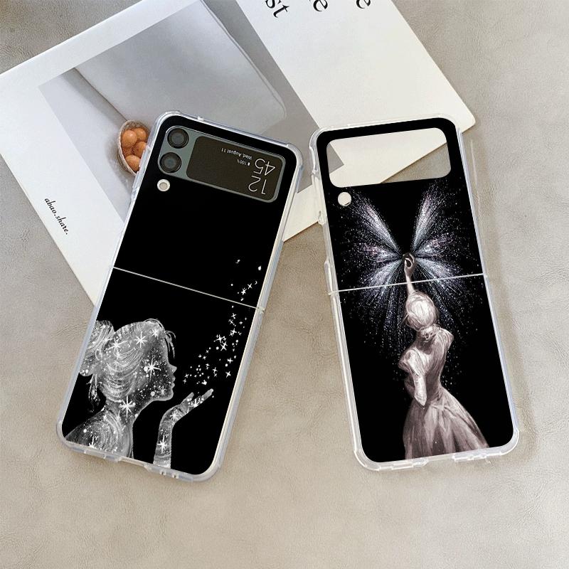 Creative Black Stardust Girl Pattern Phone Case for Samsung Galaxy Z Flip 7 Flip 6 5 4 3 Folding Cover for Z Flip7 Flip5 Fundas