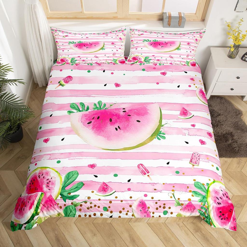 Watermelon Duvet Cover Set Kids Girls Delicious Fruit Print Bedding Set Pink Watermelon Pattern Room Decor Comforter Cover Sets