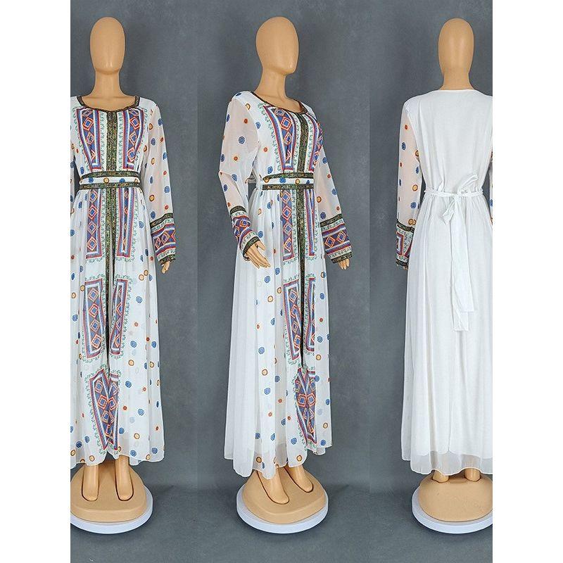 Cross-Border European and American Middle East Print Sequins Women Clothes New Fashion Dubai Robe Chiffon Travel Dress Dress