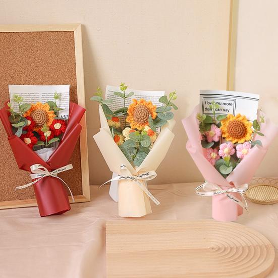 Háčkovaná Kytice Květin s LED Světlem DIY Ručně Pletený Slunečnicový Ozdoba Příze Květinová Dekorace Dárek ke Dni Matek Narozeninám