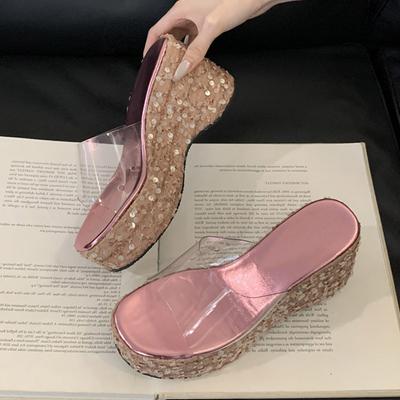 Liyke Nouvelle Mode Pailletées Plateformes Compensées Pantoufles Femmes Bout Ouvert PVC Sandales Transparentes Chaussures Féminines Talons Hauts Zapatos Mujer