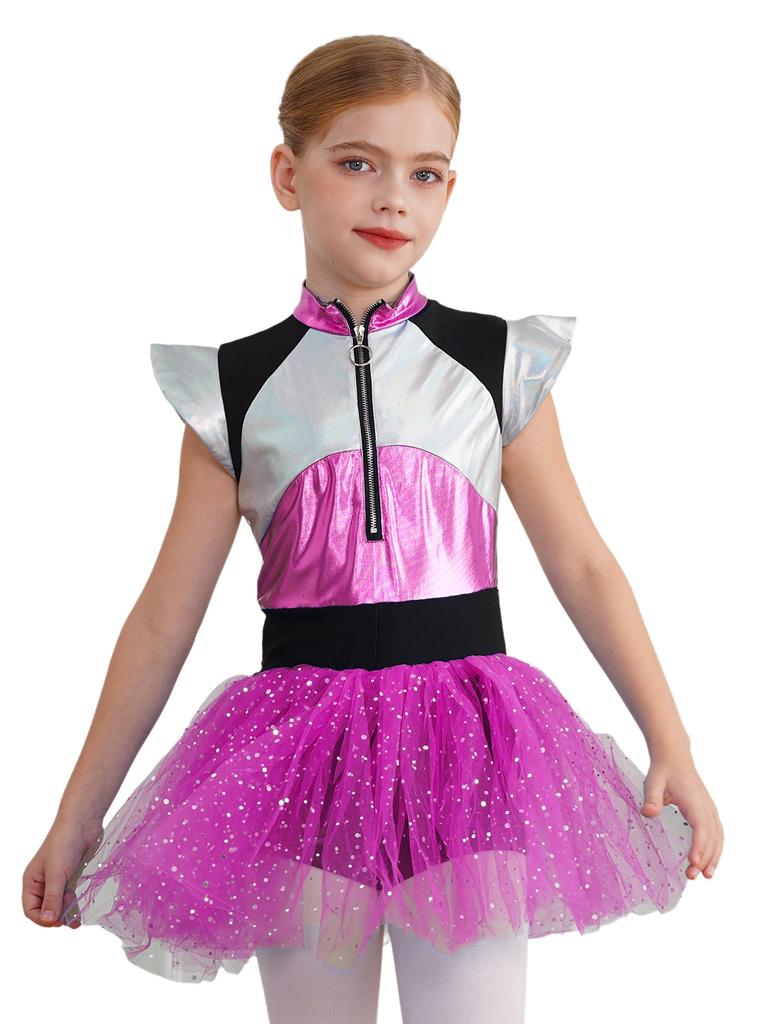 Girls Alien Theme Cheerleading Costume Color Block Patchwork Design Shiny Spangles Tutu Dress Bodysuit