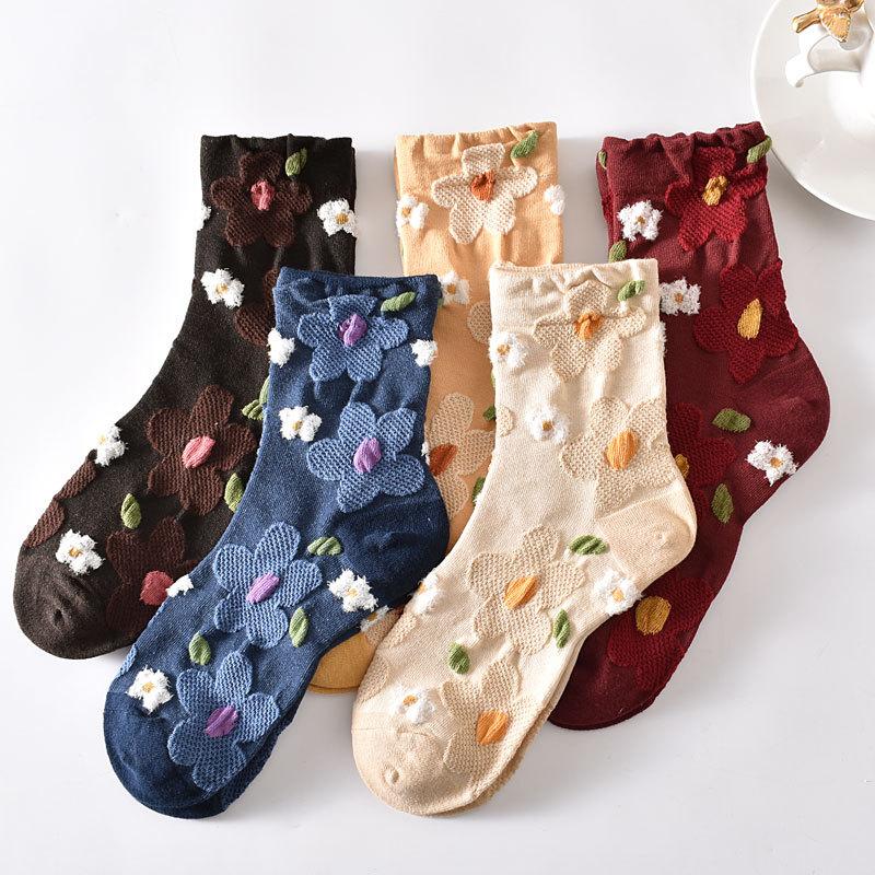 5 Paare/ Los Traumähnliche Damen Socken Harajuku Retro Stickerei Frühling 3D Strickerei Blumen Geprägter Druck Lolita Weihnachtsgeschenk