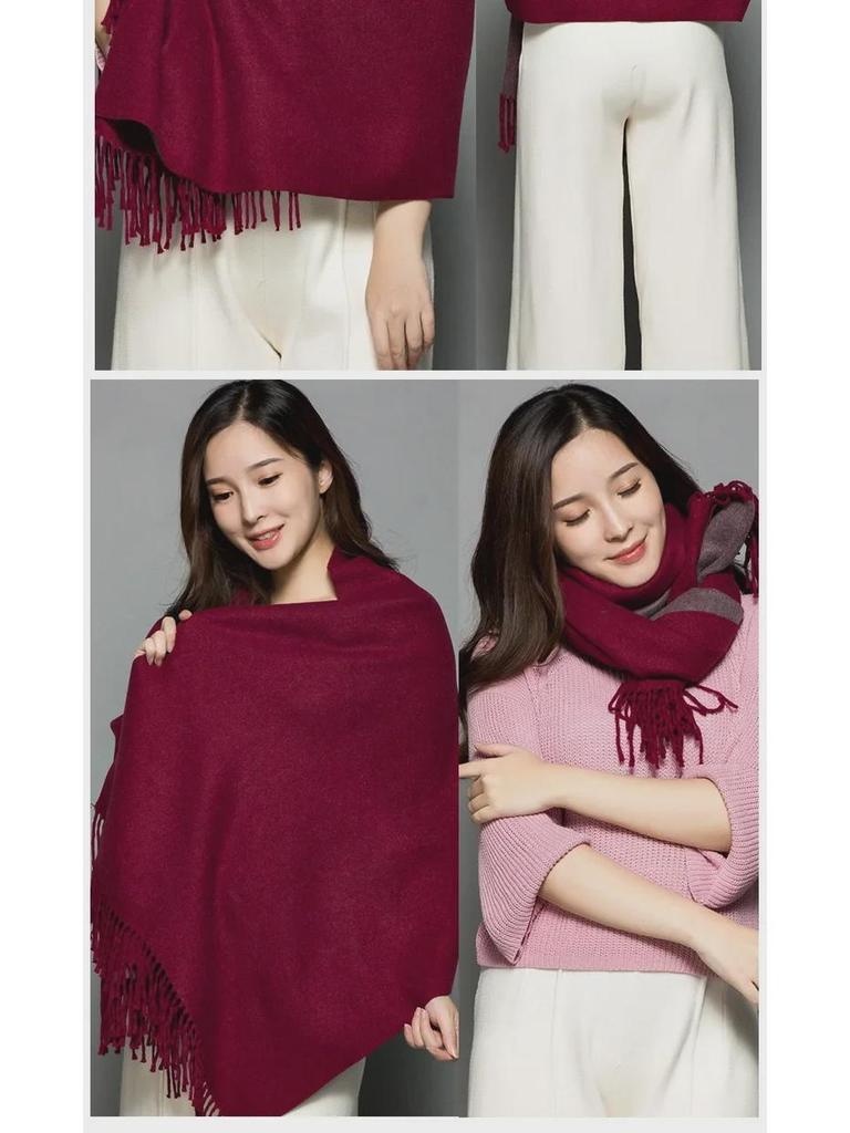 Dámská oboustranná kašmírová šála: Dvoubarevný, Králičí vlna, Teplý šál, Dvojúčelový, Univerzální, Korejský střapec, Zima