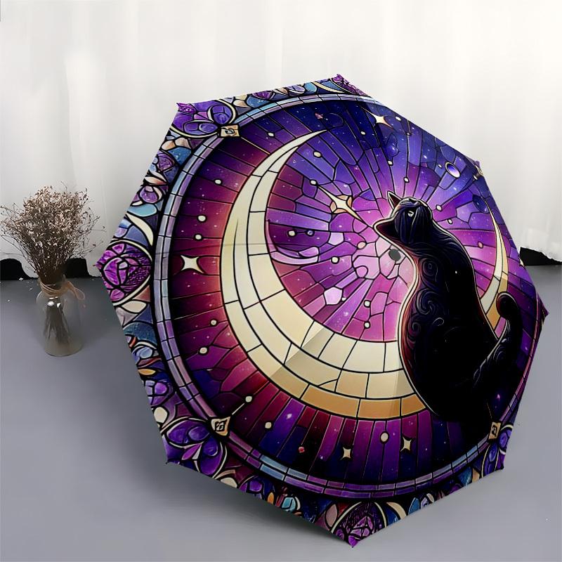 1pc Stained Glass Cat Moon Auto Open Close Umbrella, Portable Tri-Fold Design with 8-Bone Iron Frame, Outdoor for Fans, Travelers, Daily Use, Festive