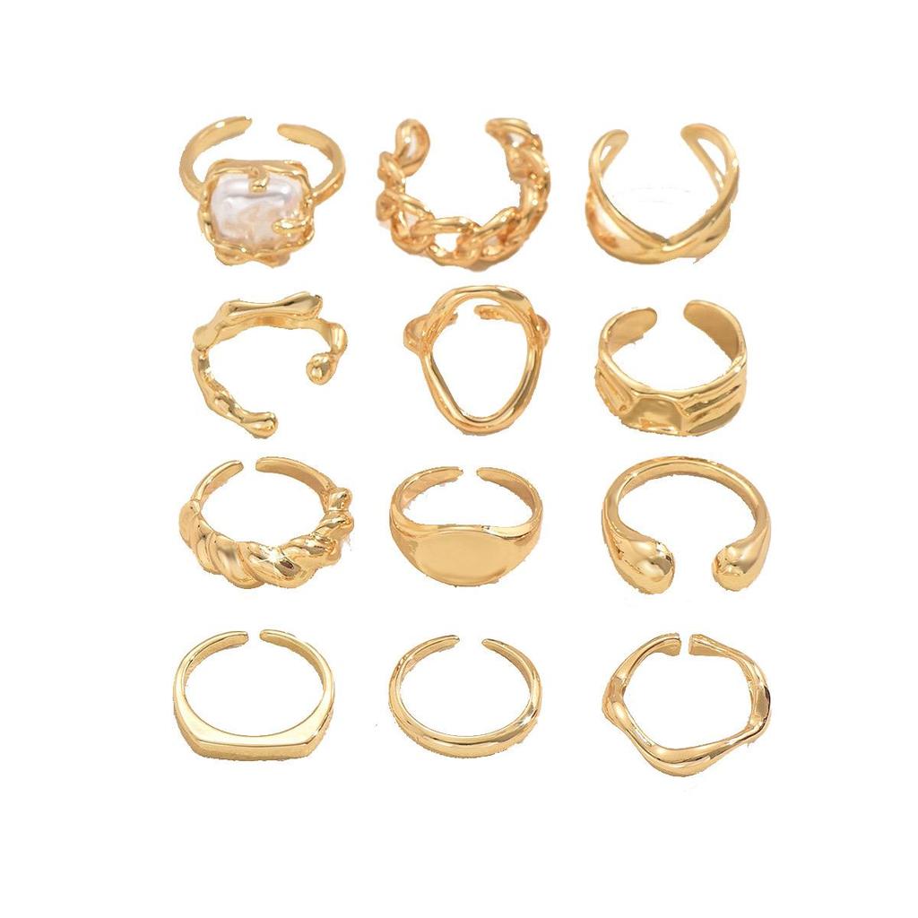 12-teiliges Set Neuer Unregelmäßiger Geometrischer Ring Legierung Beschichtetes Metall Verstellbarer Fingerring Für Frauen, Modisches Statement Schmuck Party N