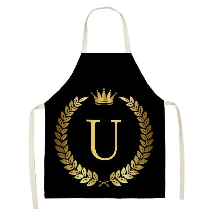 Grembiule da Cucina con Stampa Alfabeto Corona Dorata Nera per Donna Uomo Grembiuli in Cotone Lino per Cucinare Pulizia della Casa Strumenti Tablier