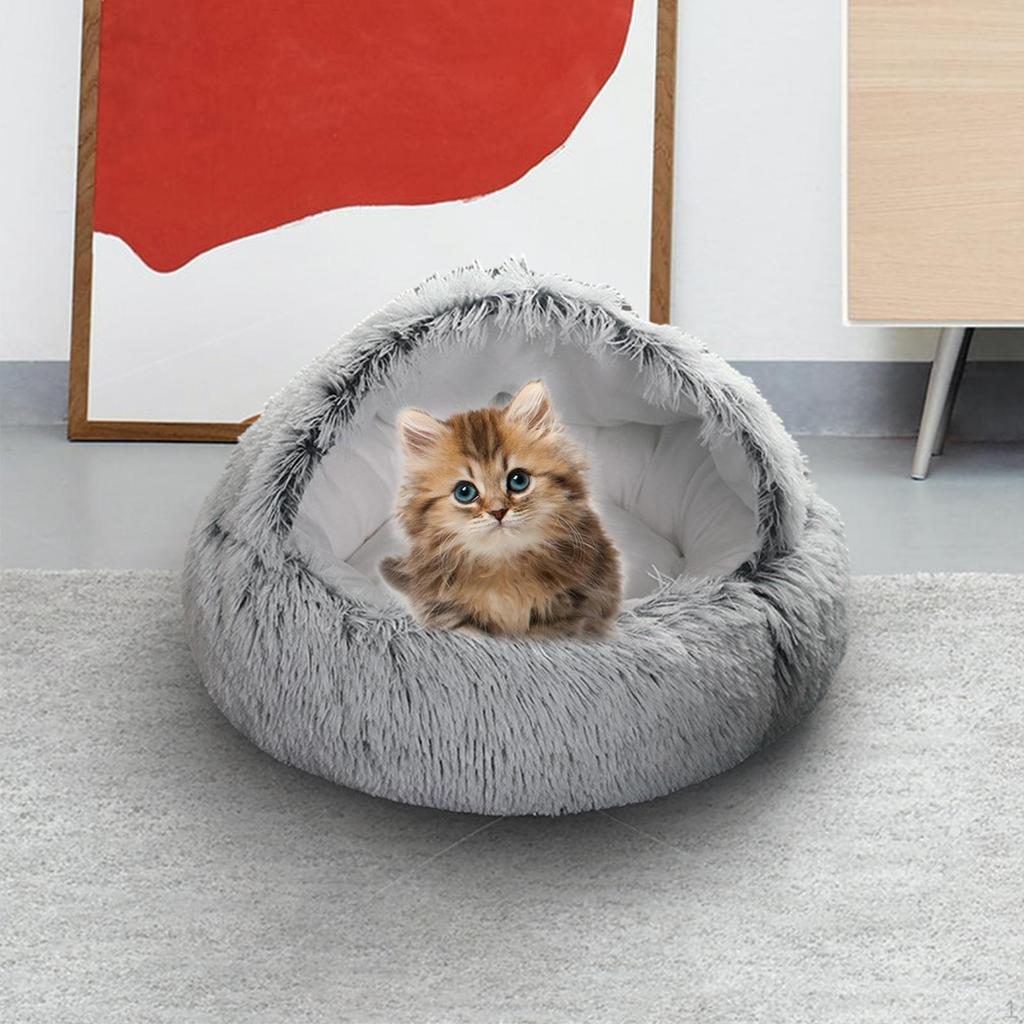 Cat Bed Plush Hooded Cave for Indoor Cats or Small Dog Beds, Doughnut Calm