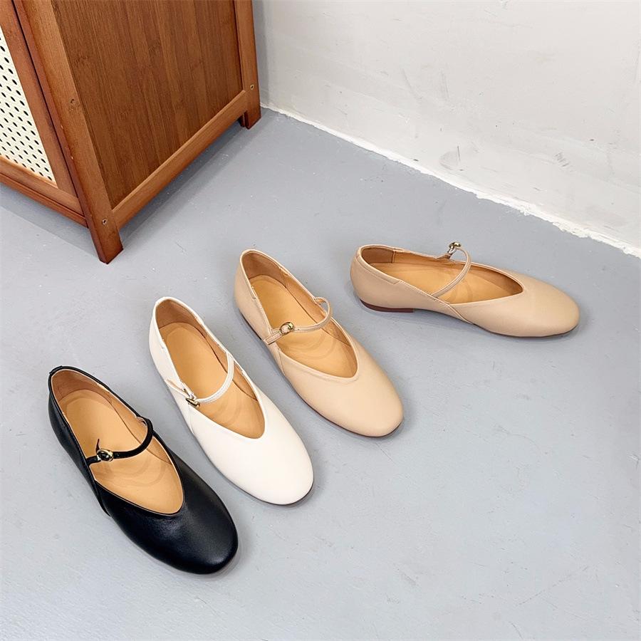 Johnature Handmade Genuine Leather Women's Shoes Retro Round Toe Soft Soled Belt Buckle Flat Shoes