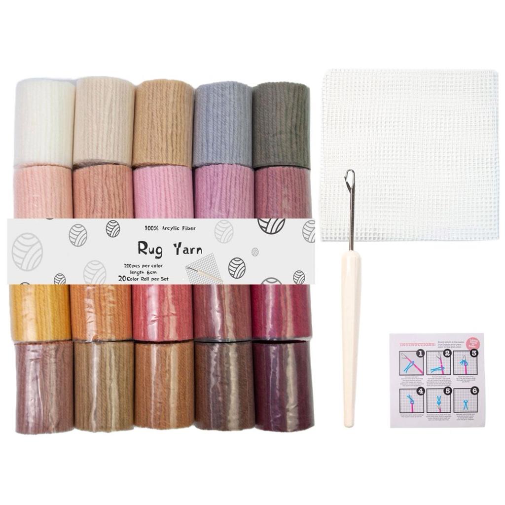 Carpet Embroidery Set With 20 Color Acrylic Yarn Hook Needle Mesh Fabric Beginner Rug Hooking Supplies For Art Craft