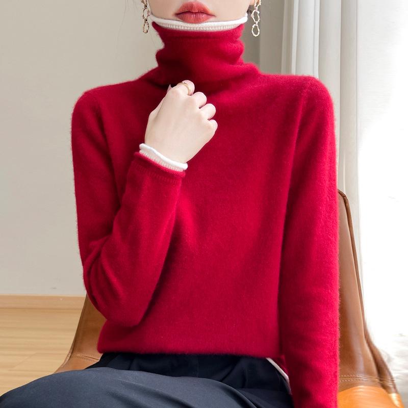 Women's Stylish Color Block Turtleneck Sweater, Fake Two-Piece Long Sleeve Knit Warm Base Layer Top