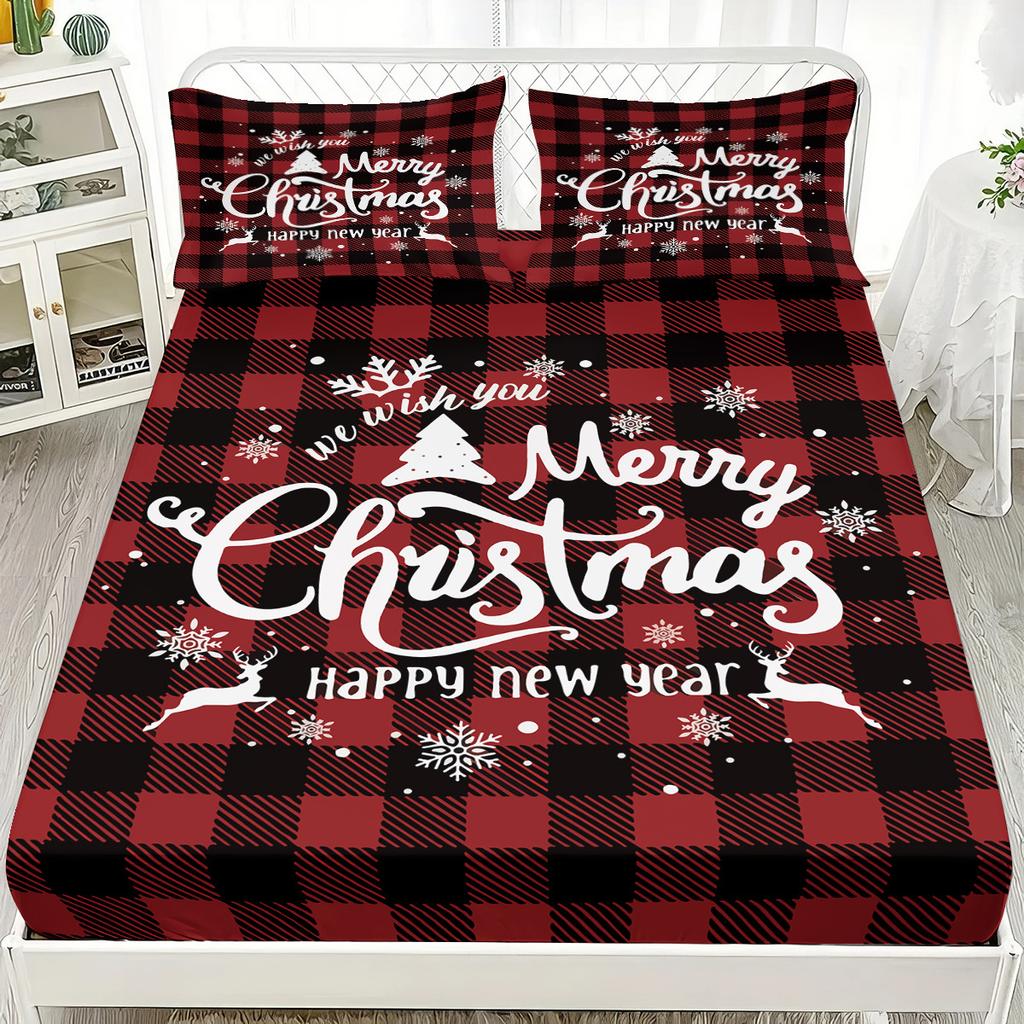 Red Fitted Sheet Set Marry Christmas Pine Grid 3D Print 100% Polyester Mattress Covers Soft Bed Set New Decor 2 Pillowcases