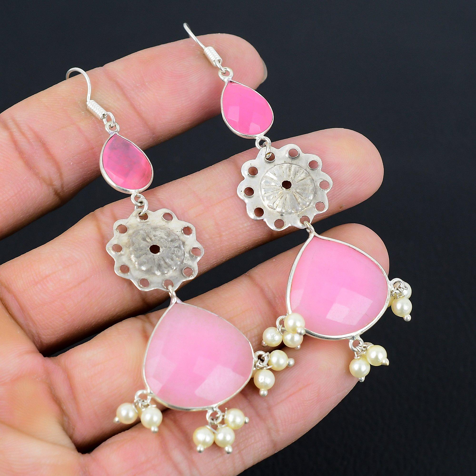

925 Sterling Silver Pink Chalcedony Gemstone Boho Drop Wedding Earrings Jewelry