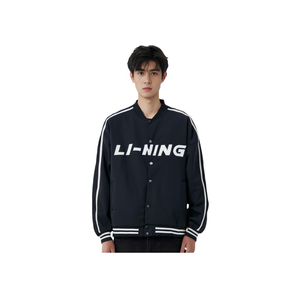 LiNing Sports Fashion Series Color Block Letter Baseball Collar Long Sleeve Jacket Unisex Jacket Black AWDU939-2