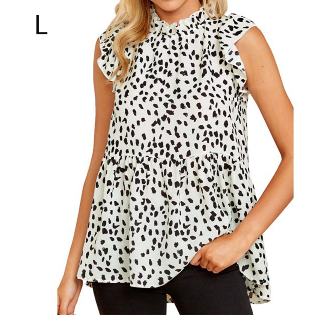 Women Polka Dots Leopard Printed Ruffled Short Sleeve Shirt