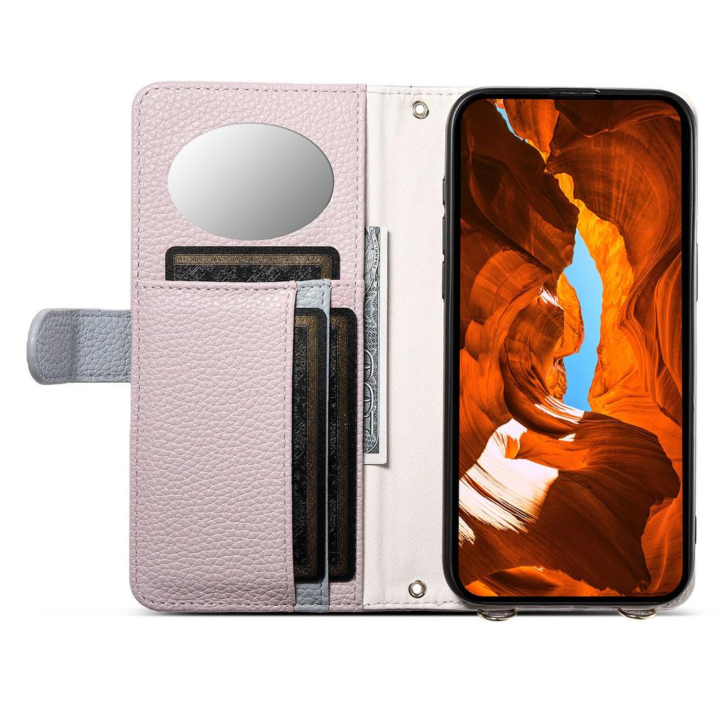 ESEBLE E11 For Samsung Galaxy S25 FE Case Zipper Pocket Litchi Texture Leather Phone Cover with Mirror and Wrist Strap