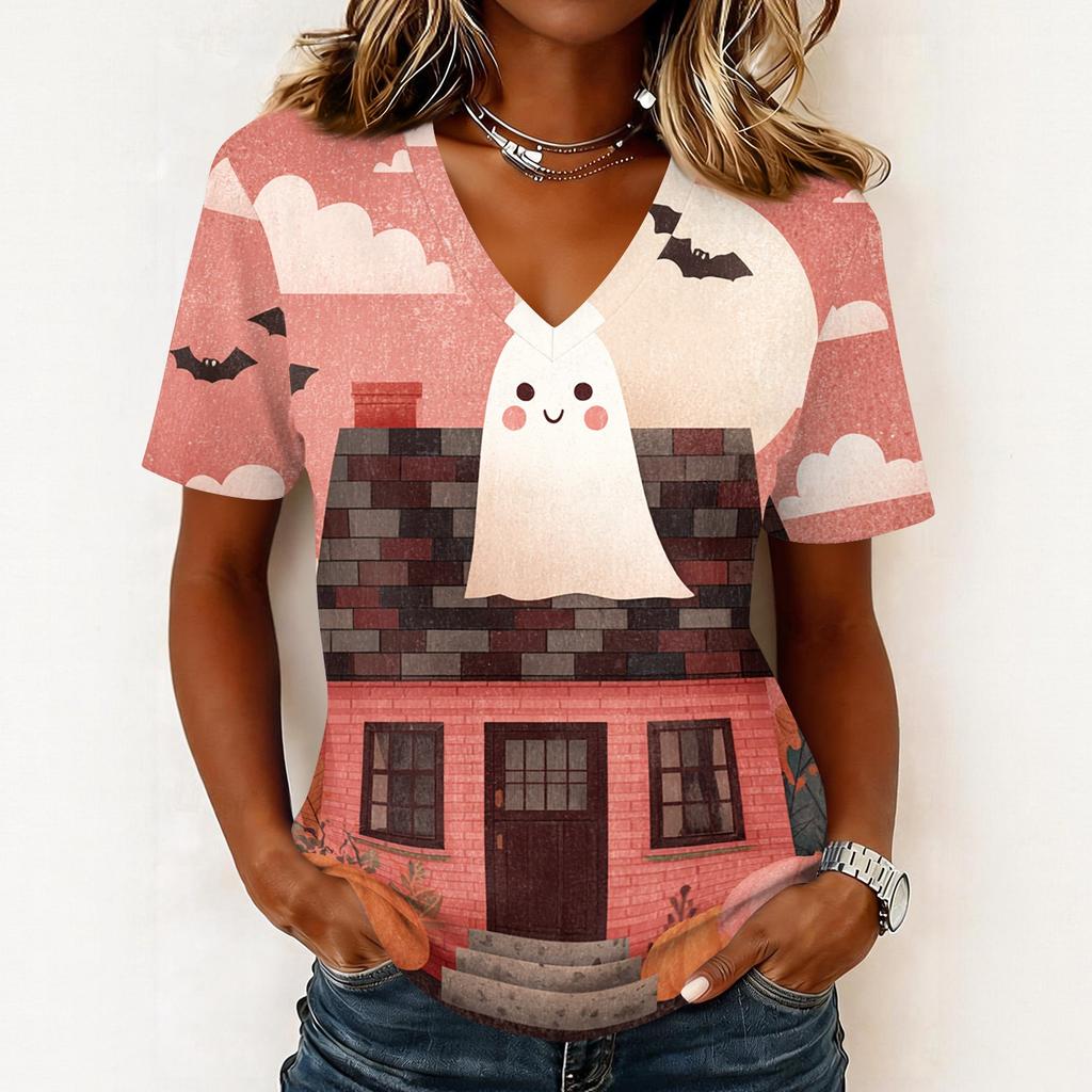 Womens Casual Halloween Print V Neck Pullover Top Short Sleeve Lightweight Shirt for Fall Seasonal Wear