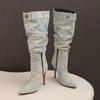 Grey Blue Women Knee High Boots High Stiletto Heel Big Size 50