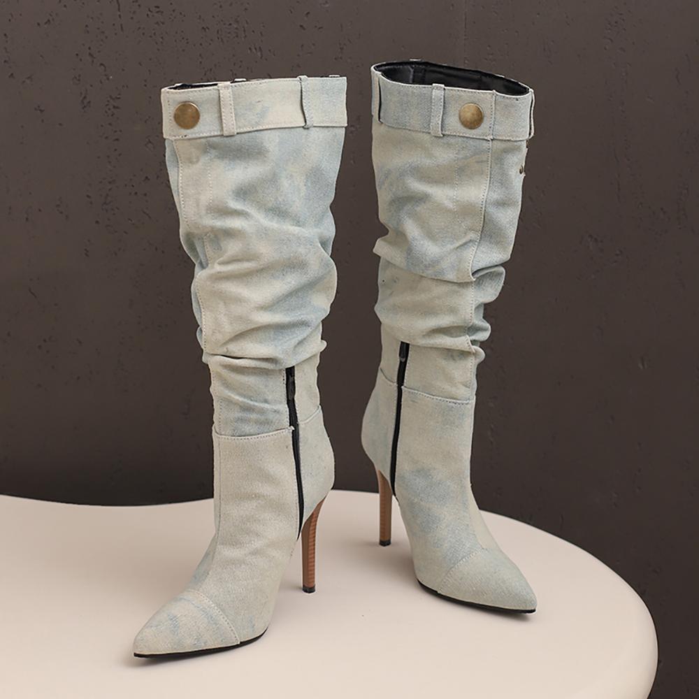 Grey Blue Women Knee High Boots High Stiletto Heel Big Size 50