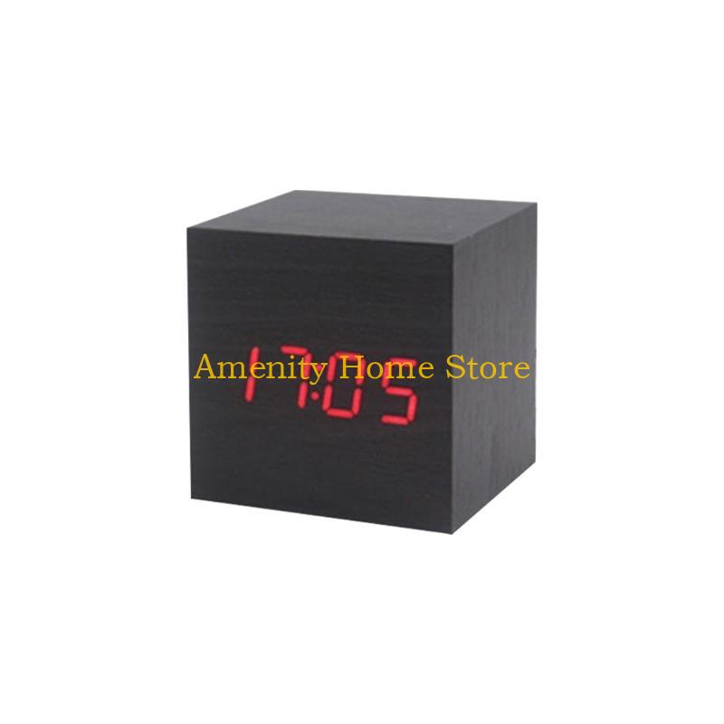 F26C Wood Cube Voice Control  Led Alarm Clock Decorative Clock Ornaments Art Crafts Supplies for Home Bedroom Dormitory
