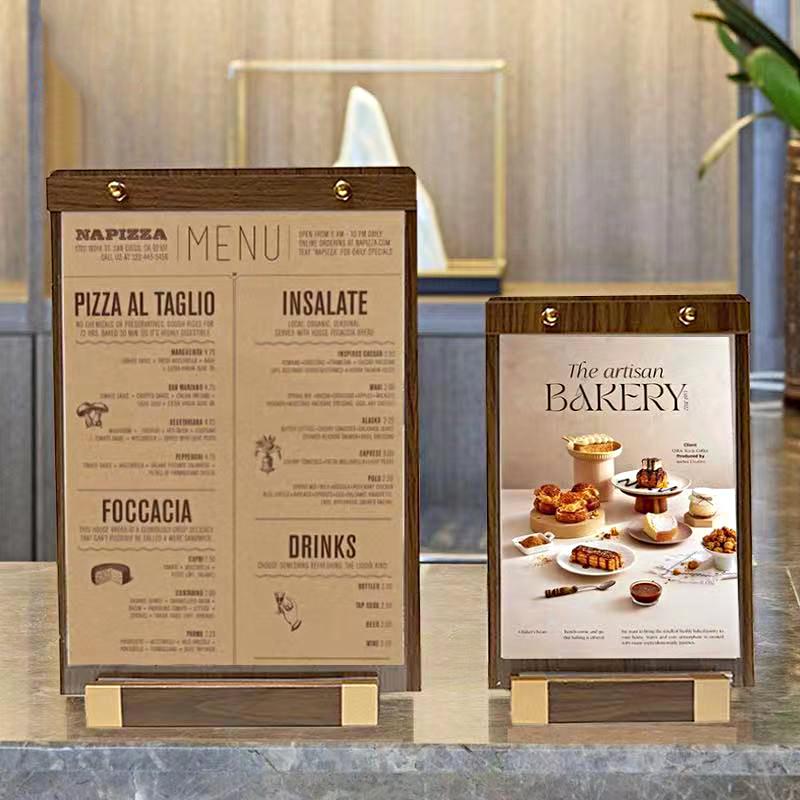 1PC Transparent Panel Price Display Board Walnut Wood Base Restaurant Tent Sign Holder Signs With Metal Finish Dinner A4 A5 A6