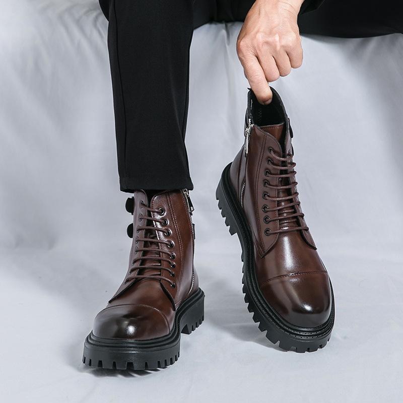 Martin boots spring and autumn breathable British style booster boots black zipper high top leather shoes locomotive boots