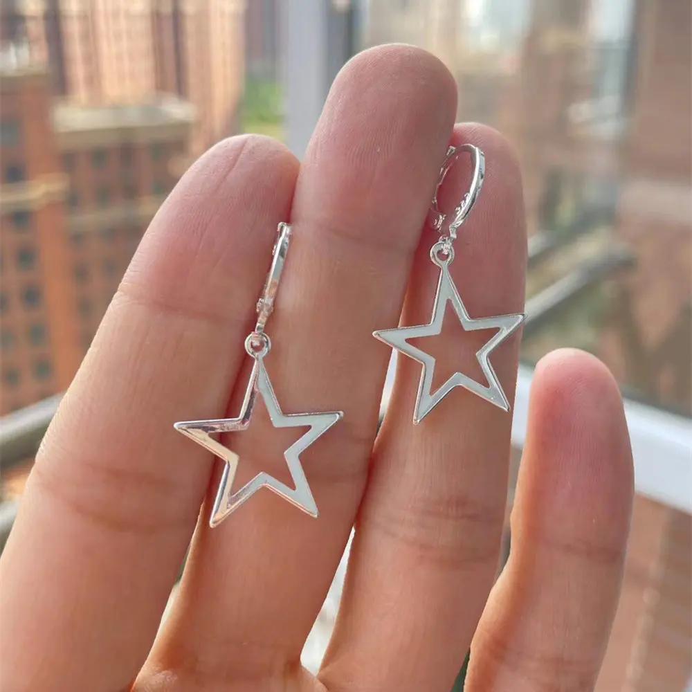 New Fashion Silver Color Pentagram Earrings for Women Charm Hollow Five-pointed Star Stainless Steel Dangle Earrings Jewelry