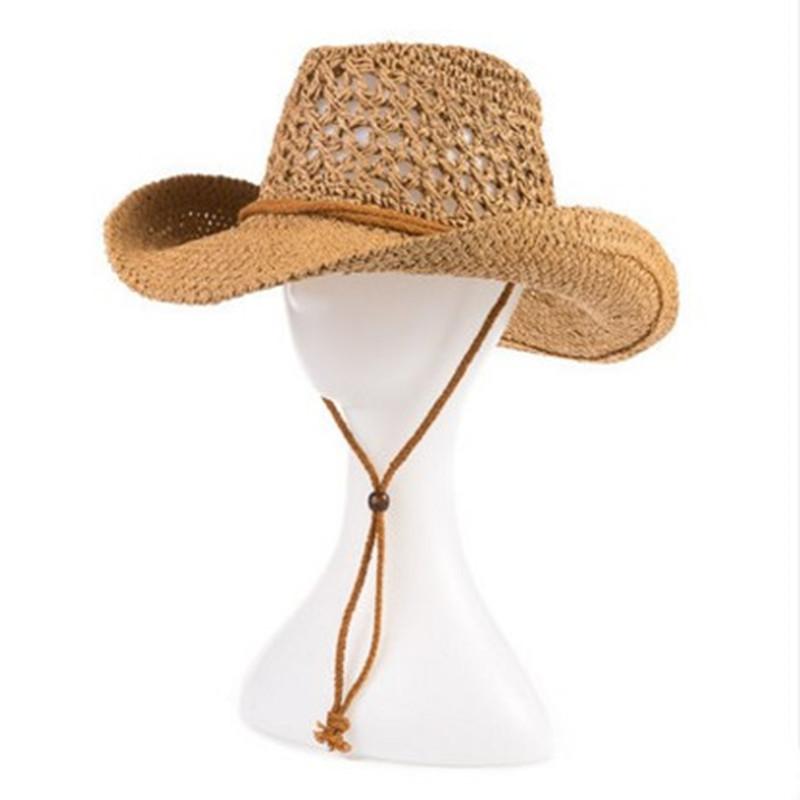 Men Hollow Woven Cowboy Straw Hat Wide Brim Windproof Chin Cord Breathable Outdoor Fishing Travel Sun Cap